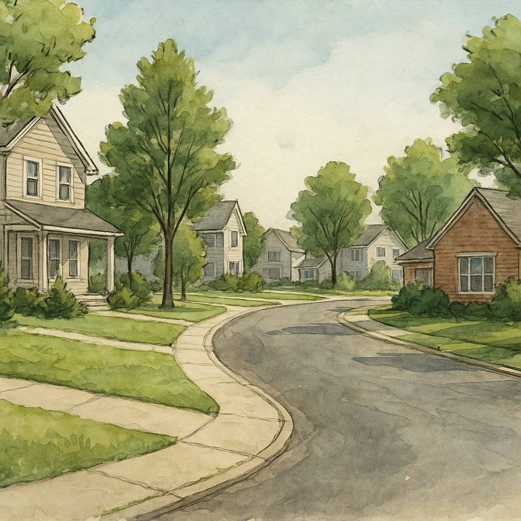 Watercolor illustration of a sunny suburban street in Bloomington, Illinois, featuring tree-lined sidewalks, modern Midwest homes, and a peaceful neighborhood scene representing the areas CottageCare Bloomington & Normal serves.