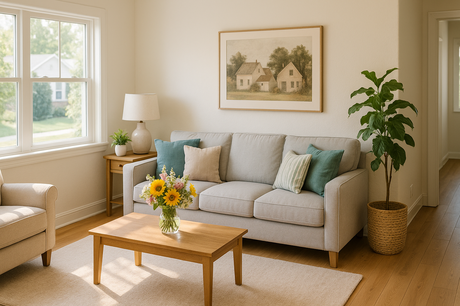 Bright, tidy living room in a Des Moines home with natural light and fresh flowers, representing CottageCare’s trusted house cleaning service.