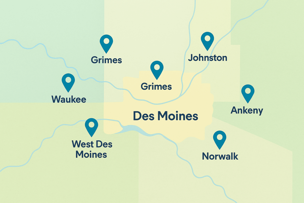a map showing the areas that cottagecare des moines services