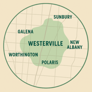 a map showing the cities of westerville, galena, sunbury, new albany, worthington as a service area for cottagecare columbus.