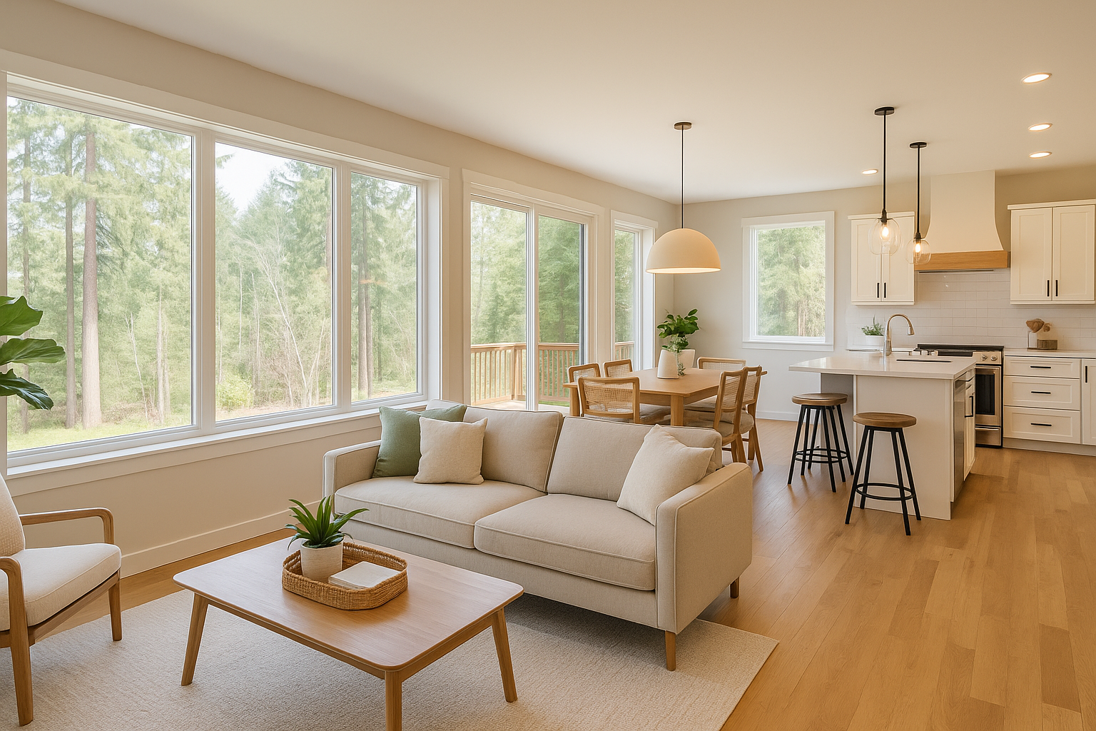 Bright, freshly cleaned Des Moines living room with natural light and modern furniture by CottageCare