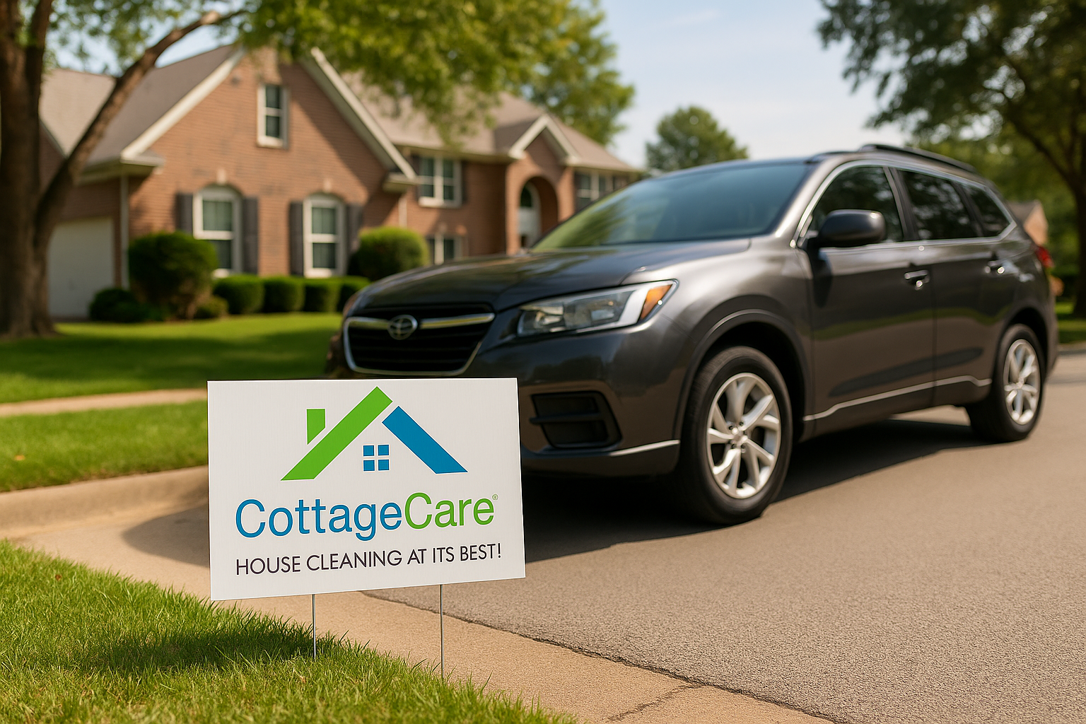 A CottageCare yard sign displayed beside a dark SUV parked on a quiet Ellisville, Missouri street, with a red brick home and green trees in the background on a sunny day.