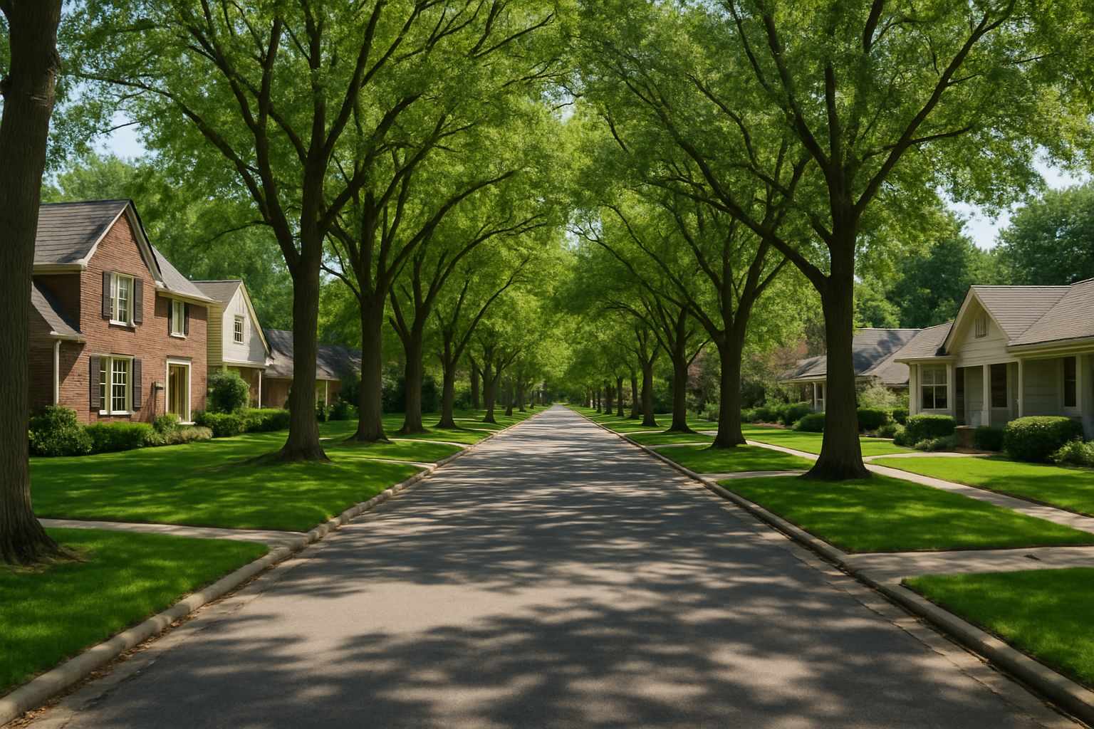 Tree-lined residential street in Prairie Village, Kansas with well-maintained homes and mature trees, representing the clean, family-friendly neighborhoods served by CottageCare Prairie Village.