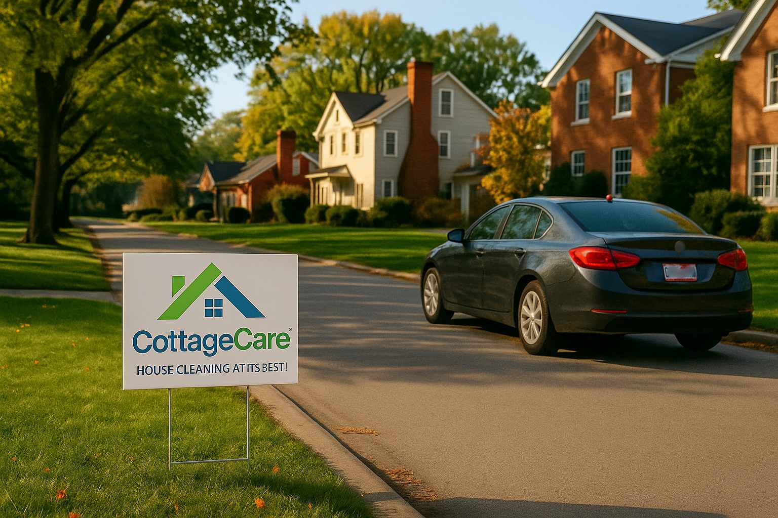 A CottageCare yard sign displayed near the curb on a tree-lined suburban street in Cuyahoga Falls, Ohio, with a parked car in the distance and brick homes under warm afternoon sunlight.