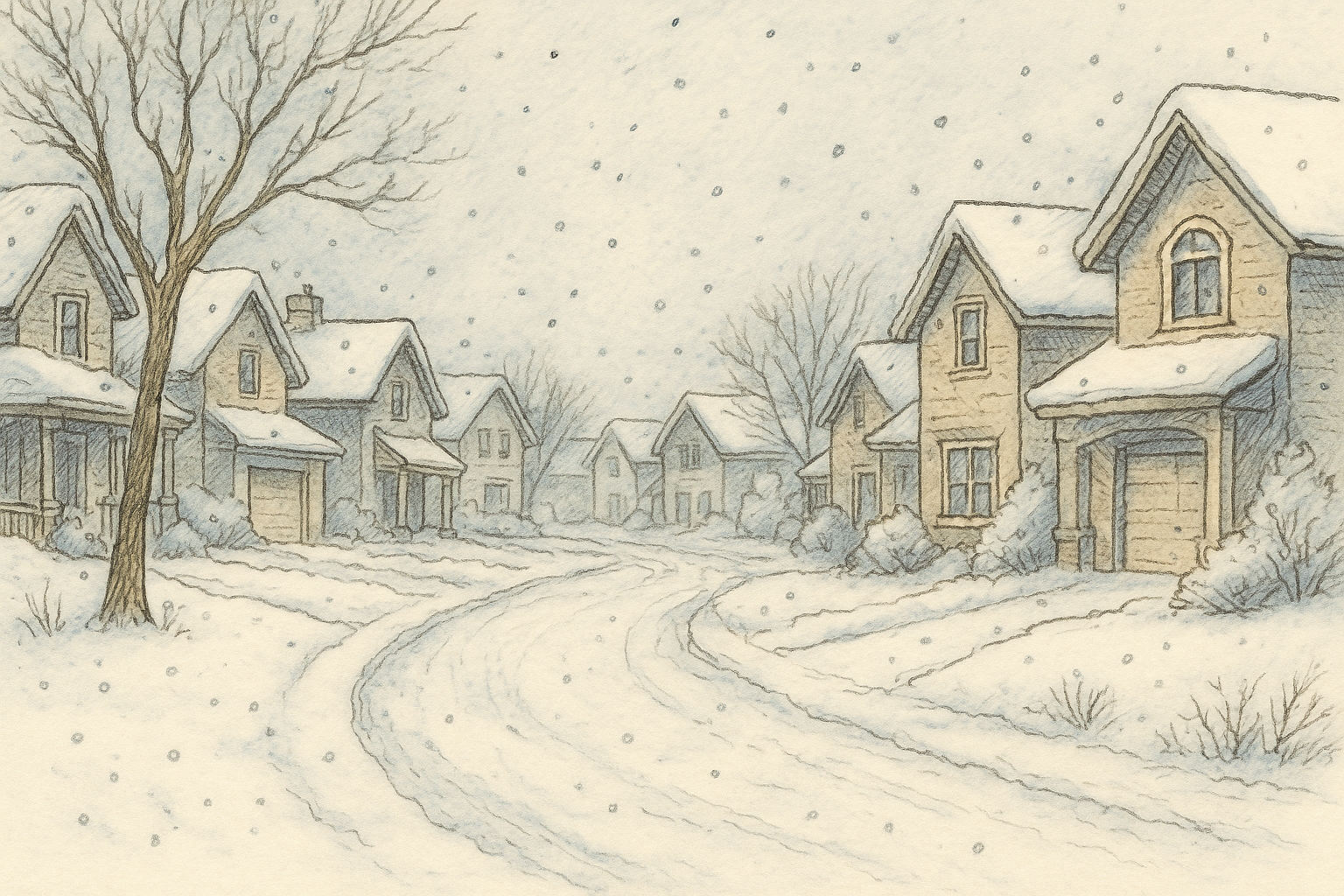 Ink and watercolor illustration of a snowy suburban street in Calgary North with modern homes and soft winter scenery, representing neighborhoods served by CottageCare Calgary North.