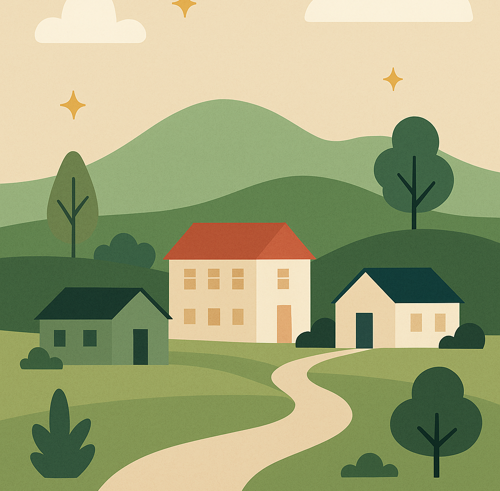 Flat-style illustrated suburban neighborhood with rolling green hills, minimalist houses, and a winding path, in warm earthy colors for a CottageCare St. Charles blog post