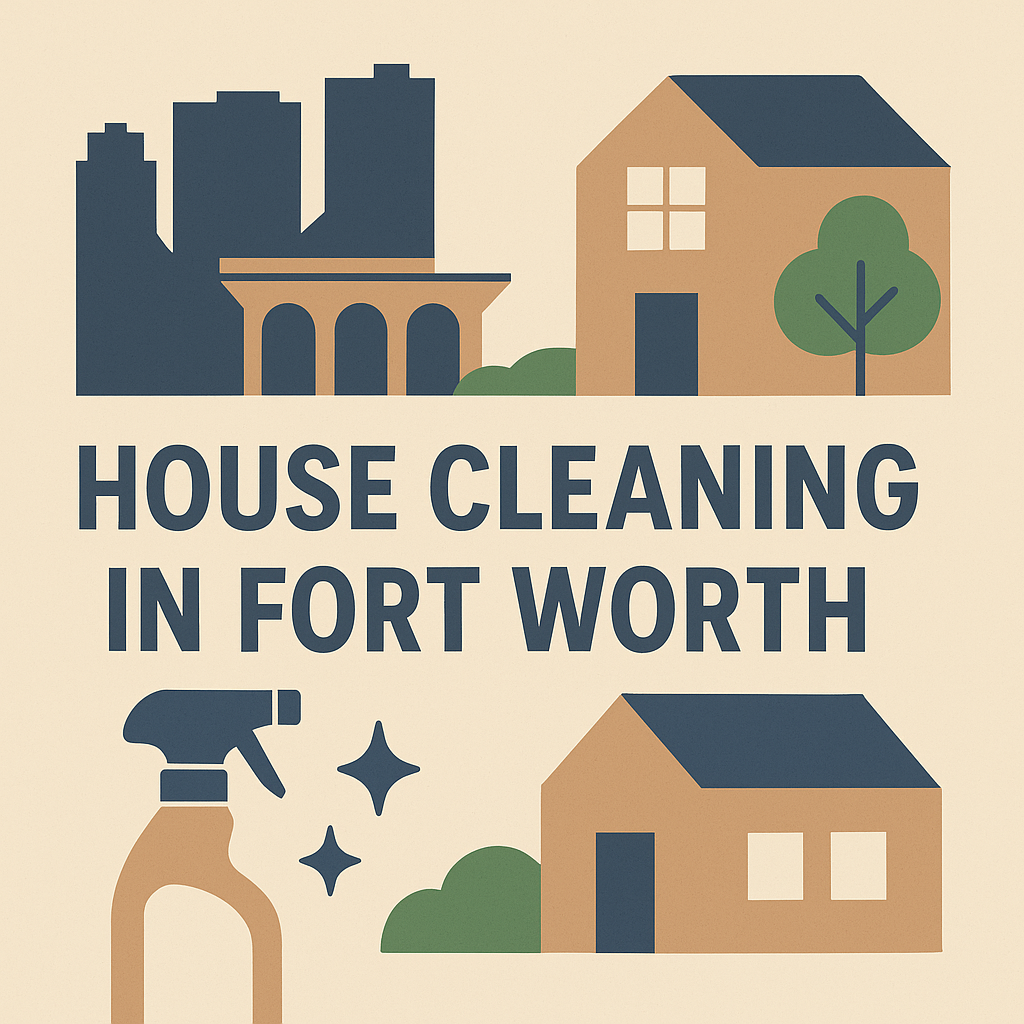 Minimalist illustration showing Fort Worth skyline, homes, and cleaning icons in CottageCare brand colors for the Greater Fort Worth house cleaning blog post.