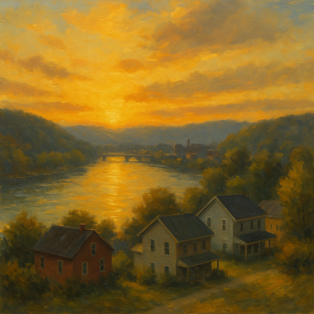 Impressionistic painting of the river and hills near Barboursville, West Virginia at sunset, with modern homes in the foreground and a bridge and small town in the distance, used for a trusted house cleaning services blog.