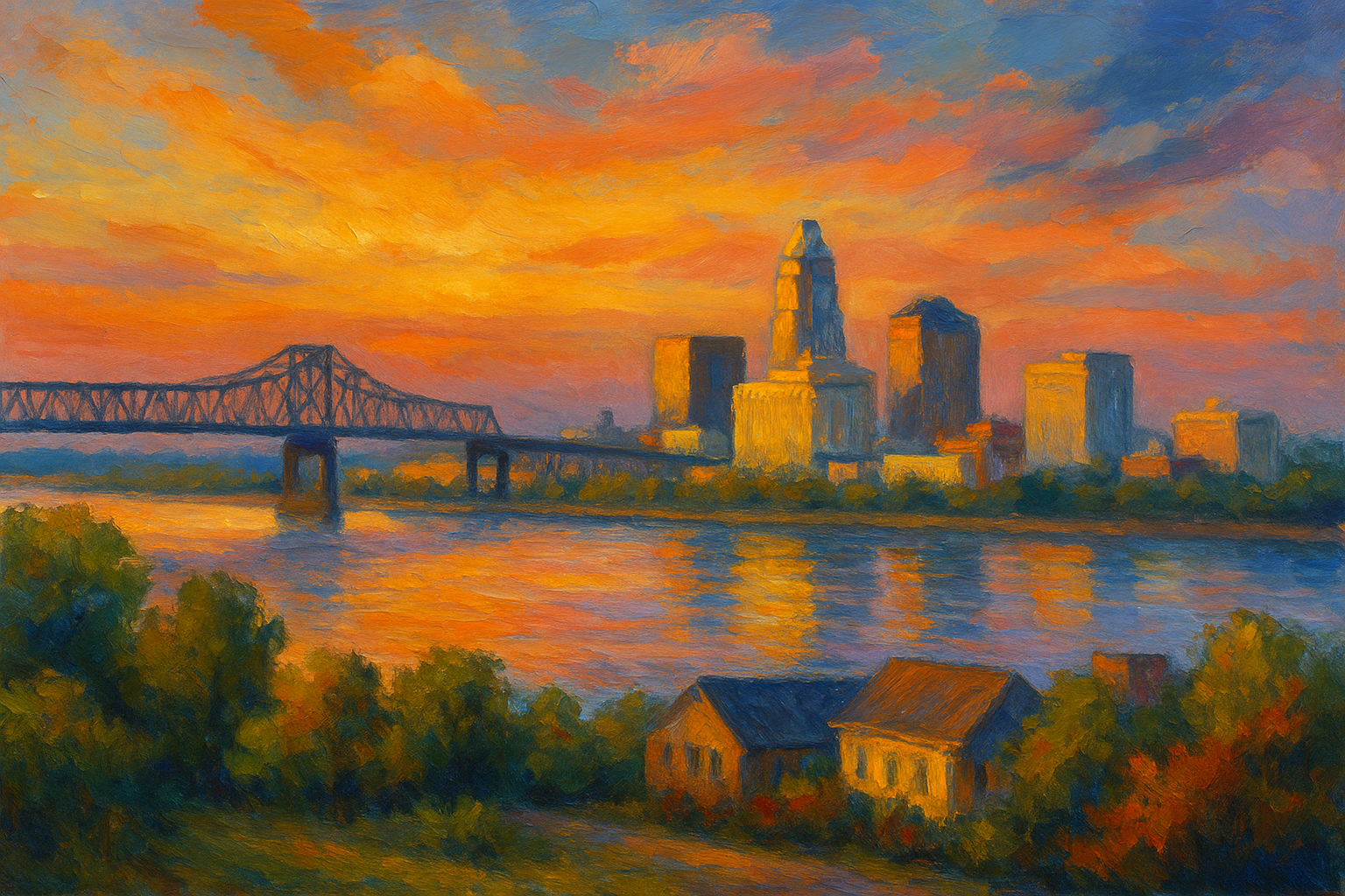 Impressionistic painting of the Baton Rouge, Louisiana skyline and bridge at sunset, reflected in the Mississippi River with trees and homes in the foreground, used for a trusted house cleaning services blog.