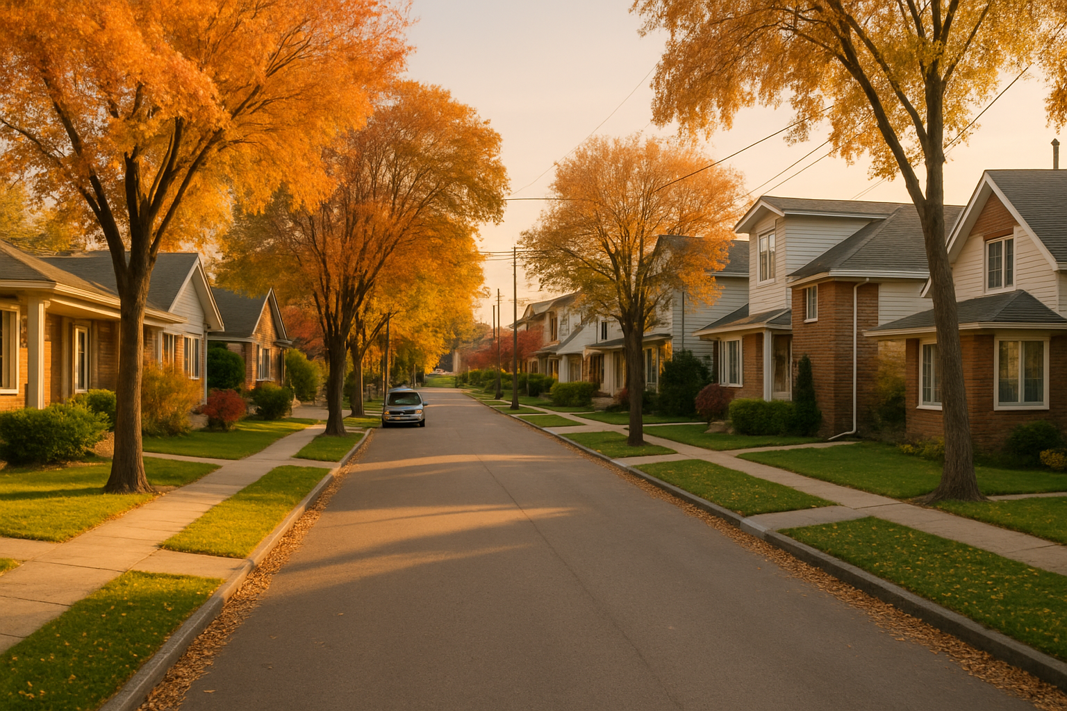 Tree-lined residential street in a Calgary South neighborhood on an autumn evening, with tidy single-family homes and warm golden light, representing the communities served by CottageCare Calgary South.