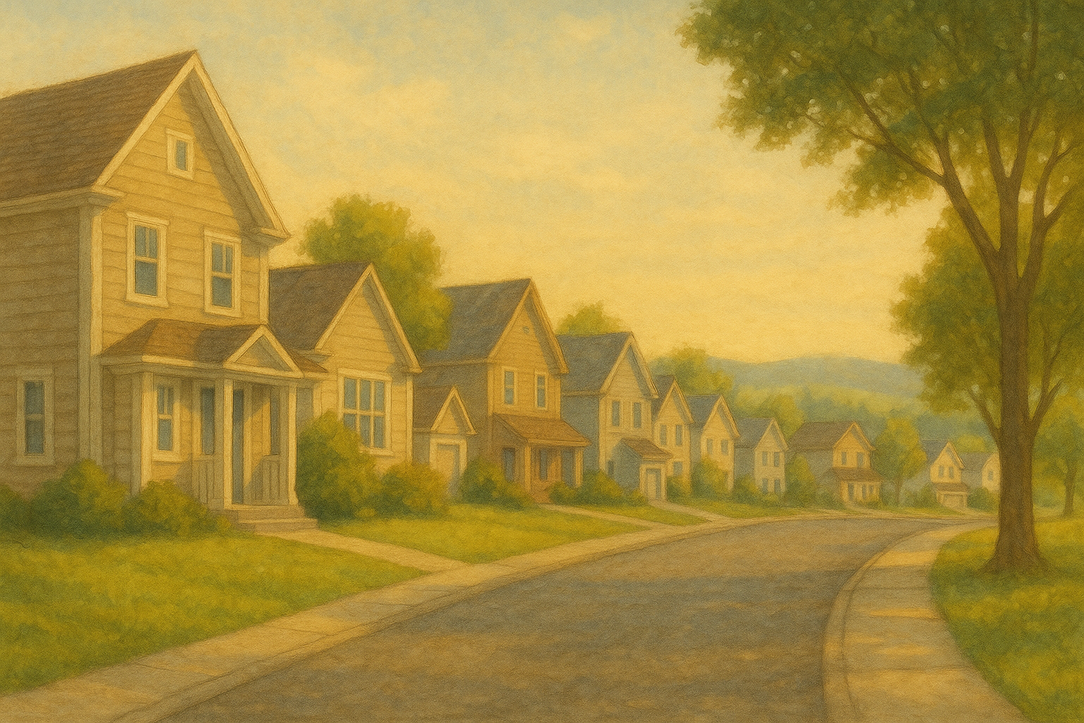 Golden hour view of a quiet suburban street in northwest Calgary, with tidy two-story homes, trees, and gentle hills in the distance.