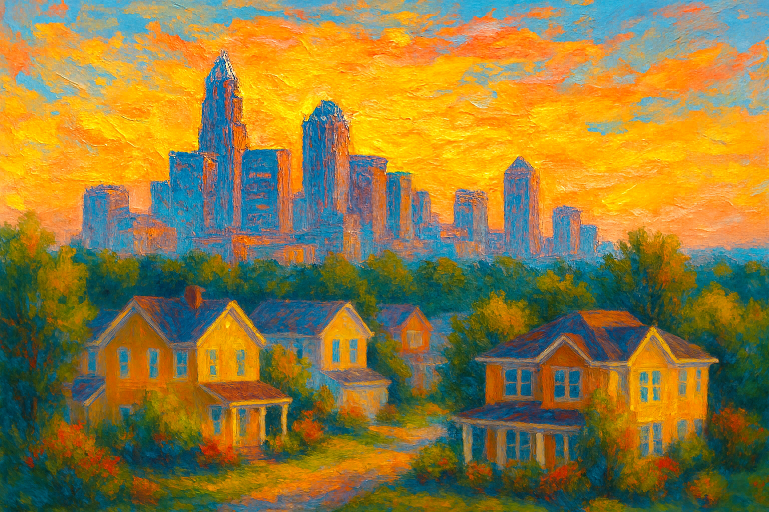 Colorful impressionistic painting of the Charlotte, NC skyline at sunset with modern suburban homes and trees in the foreground, used for a trusted house cleaning services blog.