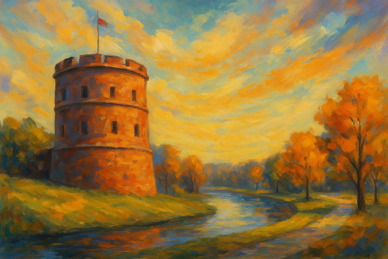 Impressionistic painting of a brick fort beside a curving river under a glowing sky, inspired by a historic landmark in Fort Wayne.