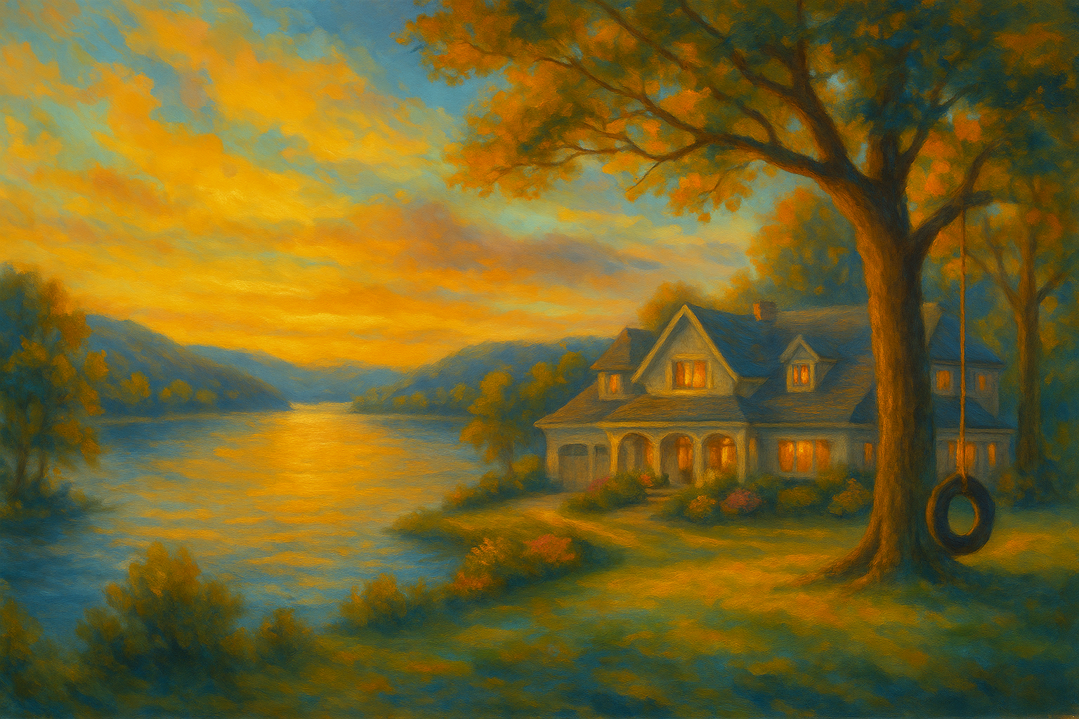 Impressionistic painting of a lakeside home near Lake Norman, North Carolina with warm glowing windows, large shade trees, a tire swing, and the sunset reflecting across the water, used as a featured image for a local house cleaning services blog.