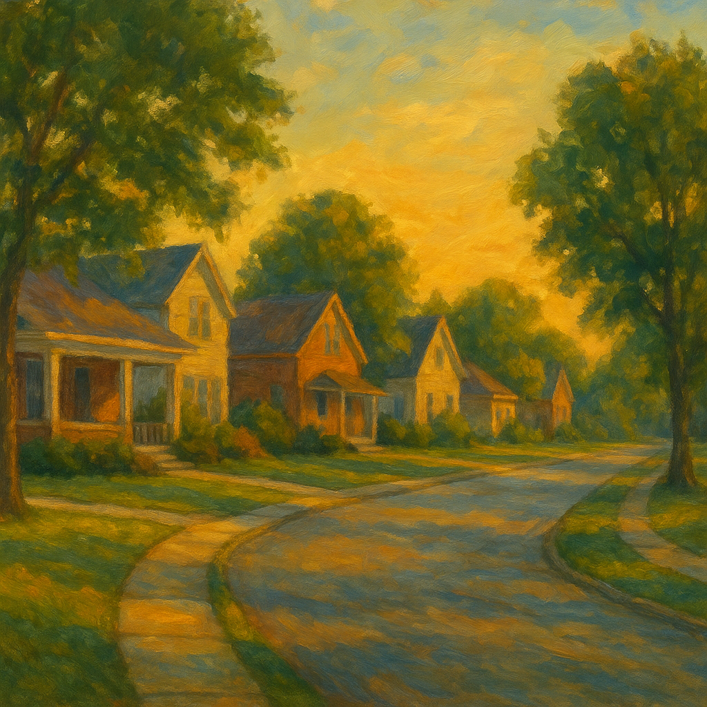 Impressionistic painting of a quiet Midwestern suburban street in Munster, Indiana, featuring homes and trees under warm, golden-hour light.