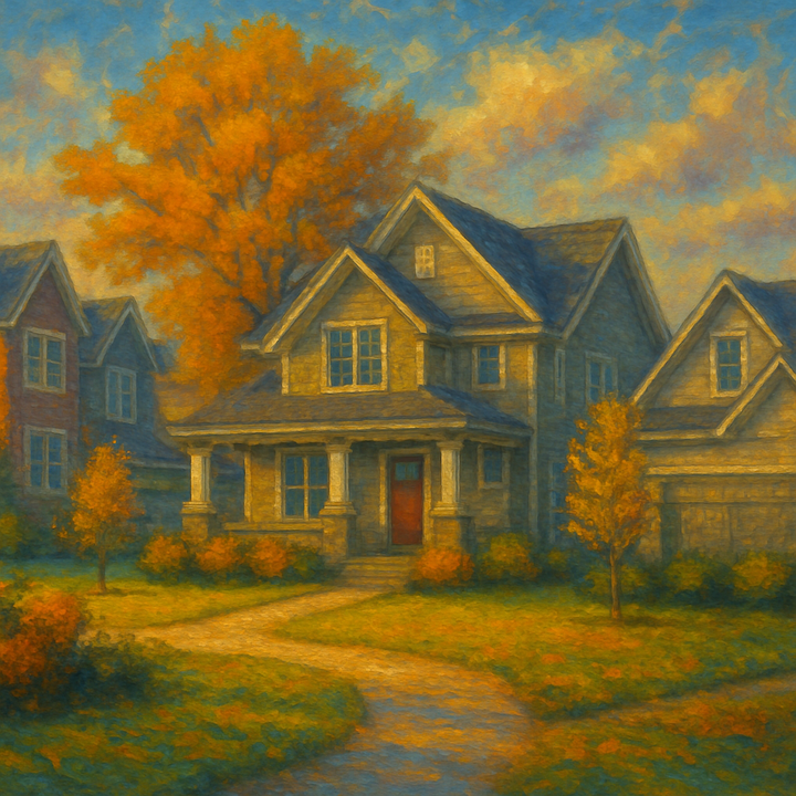 Impressionistic painting of a modern suburban home in Olathe, Kansas with neighboring houses, autumn trees, and a glowing evening sky, used for a trusted house cleaning services blog.