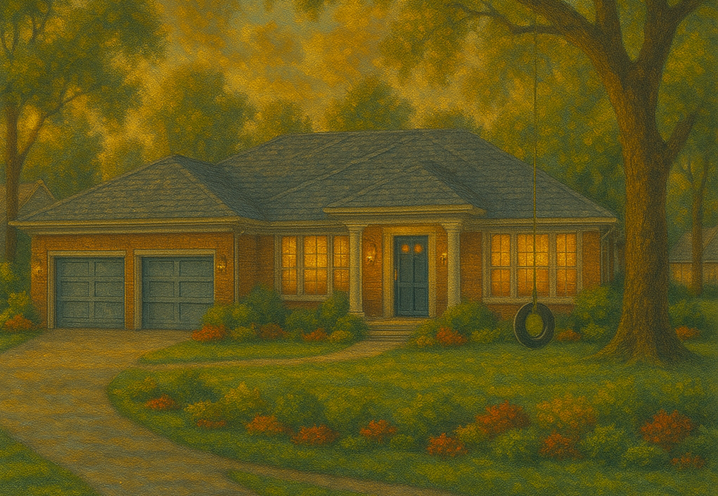 Impressionistic painting of a luxurious brick ranch home in Old Leawood, Kansas with a two-car garage, lush landscaping, and a large tree with a tire swing at sunset, used as a featured image for a local house cleaning services blog.