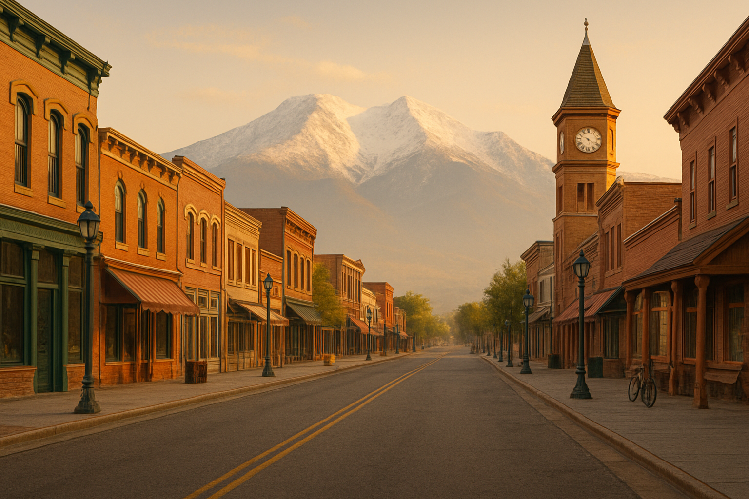 Historic main street in Old Town Parker, Colorado at sunset with brick storefronts, a clock tower, and snow-capped mountains in the distance, representing the communities served by CottageCare Aurora & Parker.