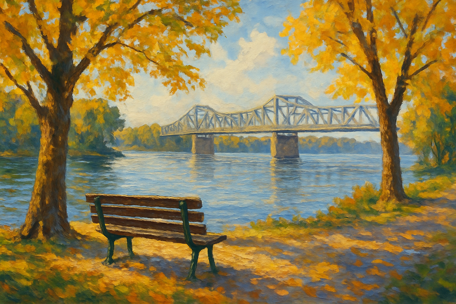 Impressionistic painting of a park bench under tall trees looking out over the Illinois River and a steel bridge in Peoria, Illinois, with warm evening light on the water, used as a featured image for a local house cleaning services blog.