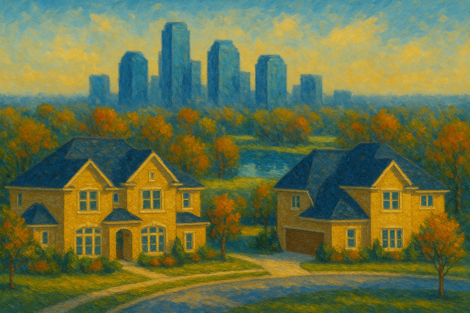 Impressionistic painting of upscale suburban homes in Plano, Texas with a small lake, autumn trees, and the distant city skyline under a warm evening sky, used for a trusted house cleaning services blog.