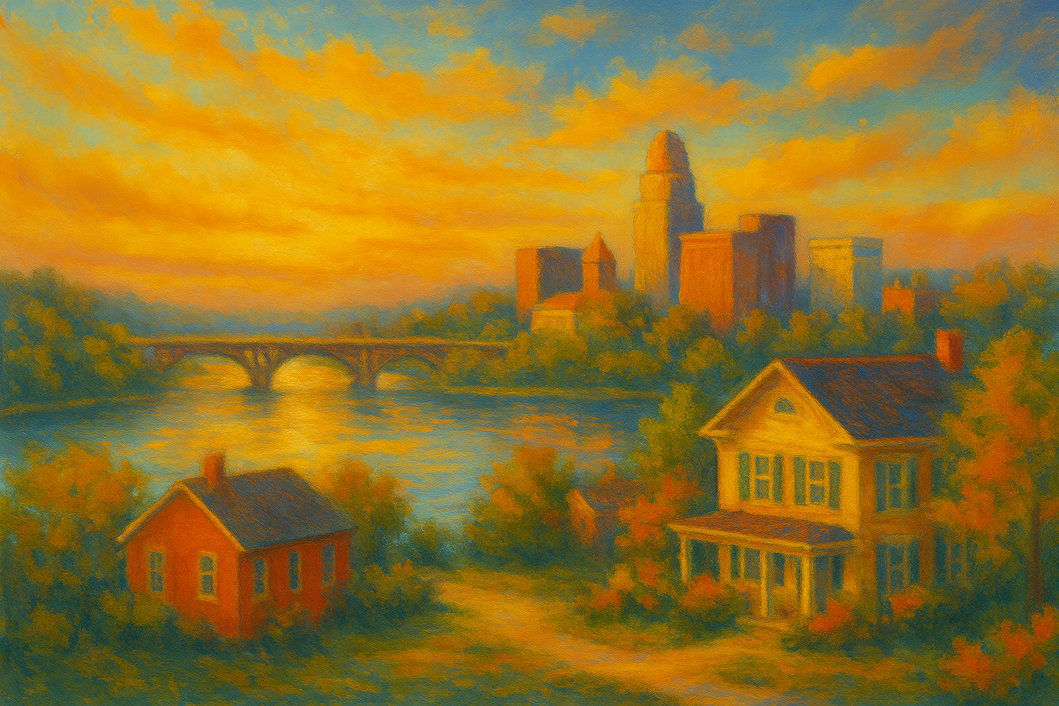 Vibrant impressionistic painting of the Richmond, VA skyline and James River, with colorful residential homes in the foreground at sunset.