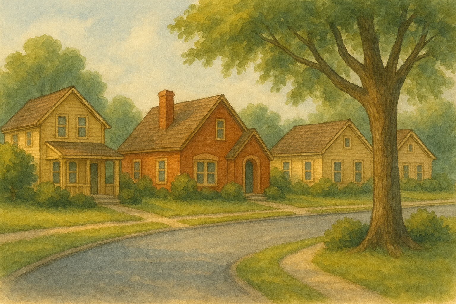 Watercolor illustration of a quiet suburban street in Little Rock, Arkansas, with tree-lined sidewalks and three warm-toned homes along a curved road, representing the neighborhoods served by CottageCare Little Rock.