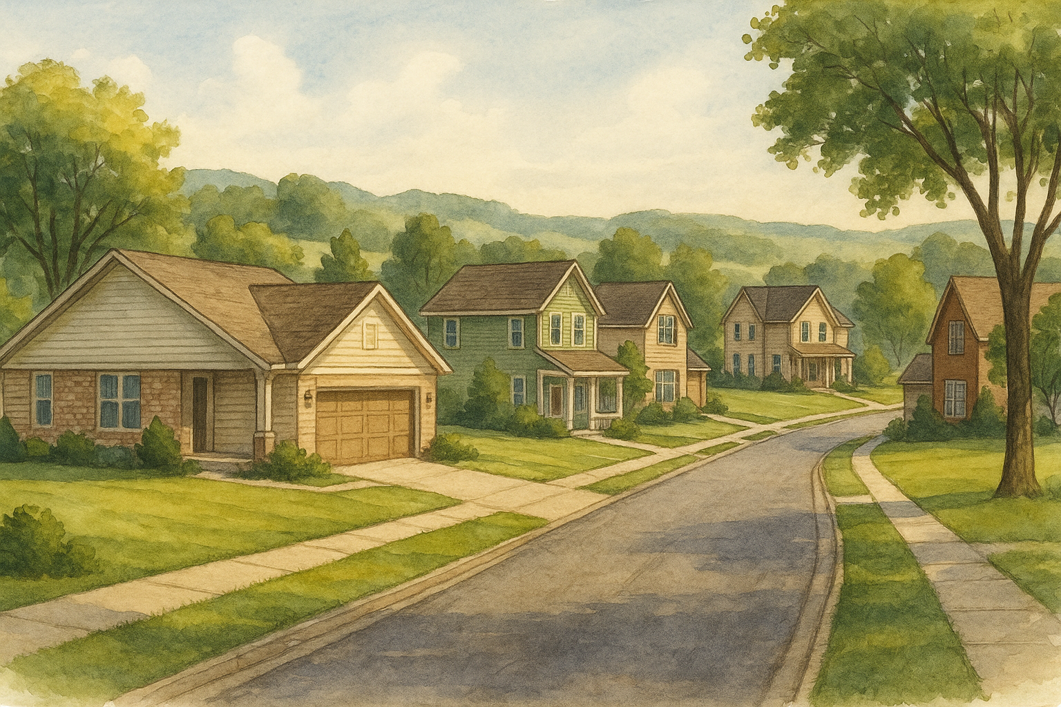Watercolor illustration of a sunny suburban street in Shawnee, Kansas, with tree-lined sidewalks and modern homes along a gentle curve, representing the neighborhoods served by CottageCare Shawnee & Lenexa.