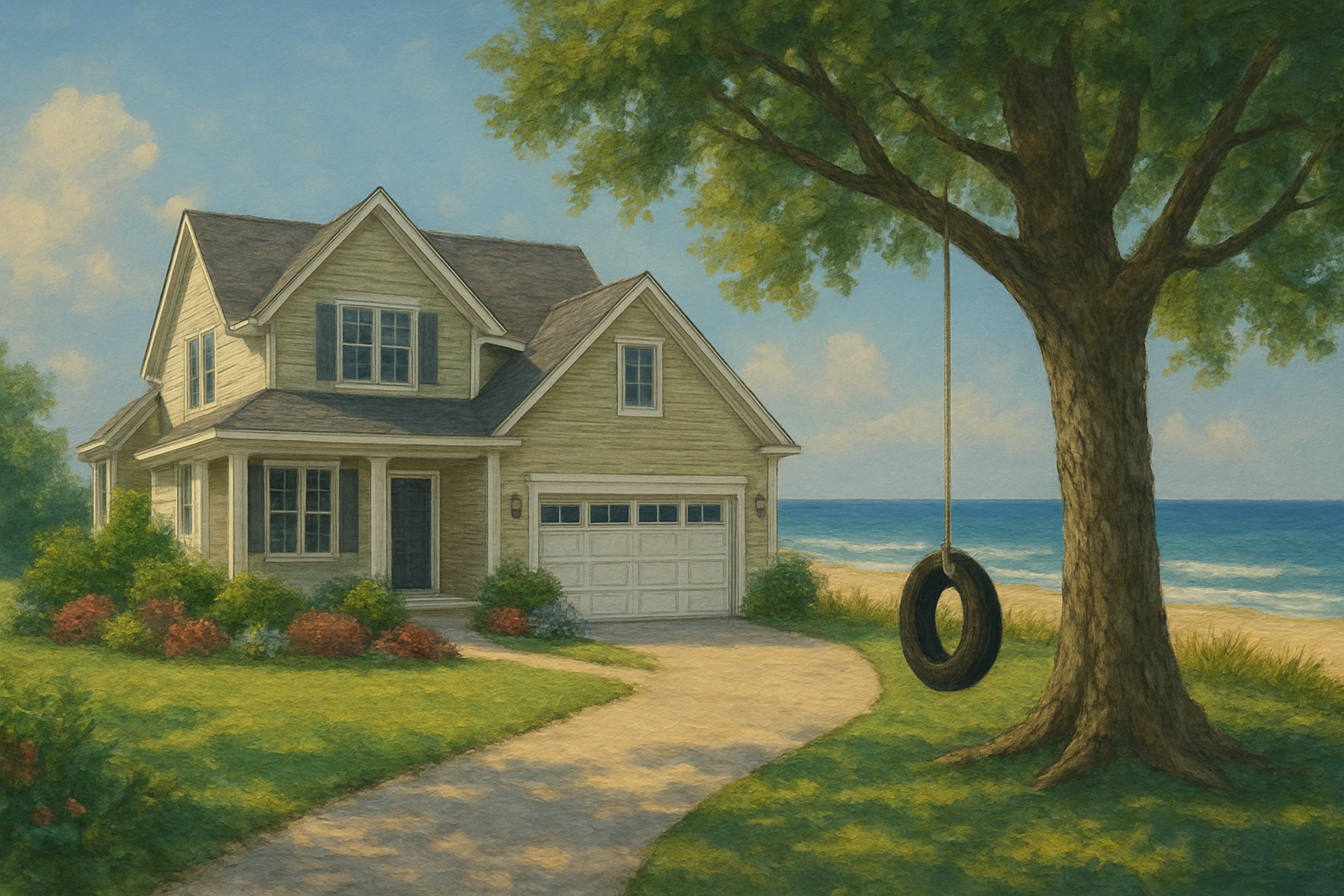 Impressionistic painting of a coastal Virginia Beach home with a front porch, two-car garage, lush lawn, and a large tree with a tire swing overlooking the ocean and sandy shoreline, used as a featured image for a local house cleaning services blog.