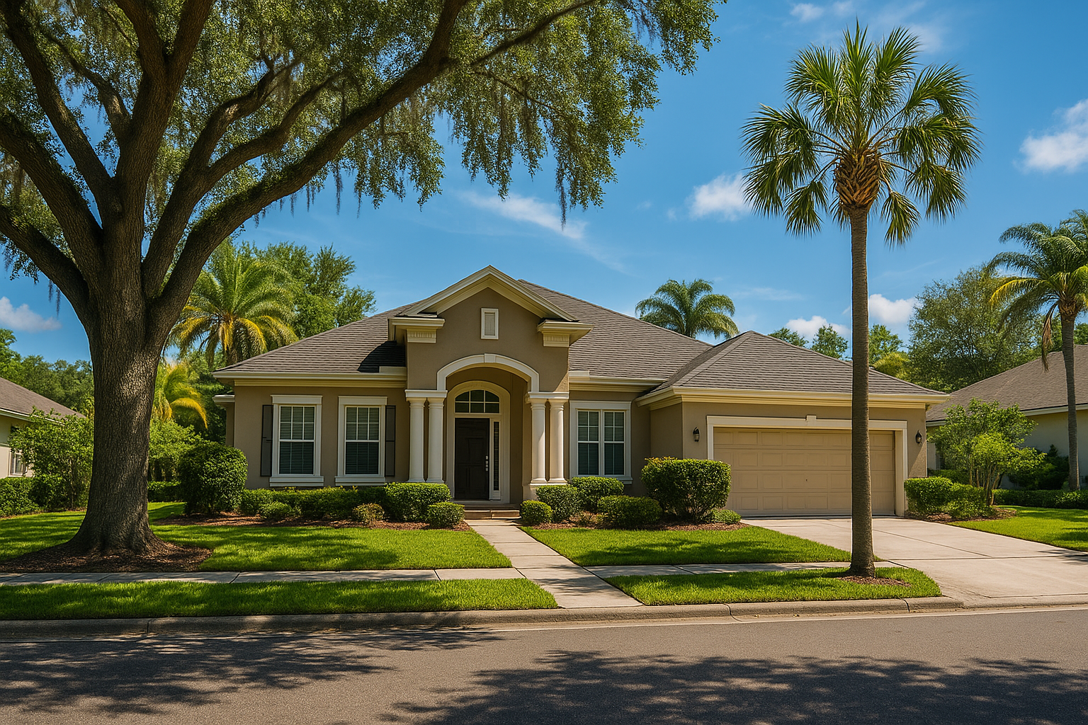 Single-story stucco home in a sunny Winter Garden, Florida neighborhood with palm trees, live oaks, and a well-kept lawn, representing the types of homes CottageCare Winter Garden & Ocoee cleans.